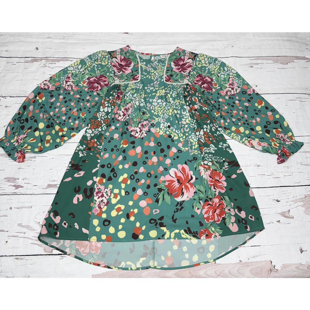 Umgee Bohemian Style Green Floral Patchwork Dress/Tunic - Picture 2 of 9